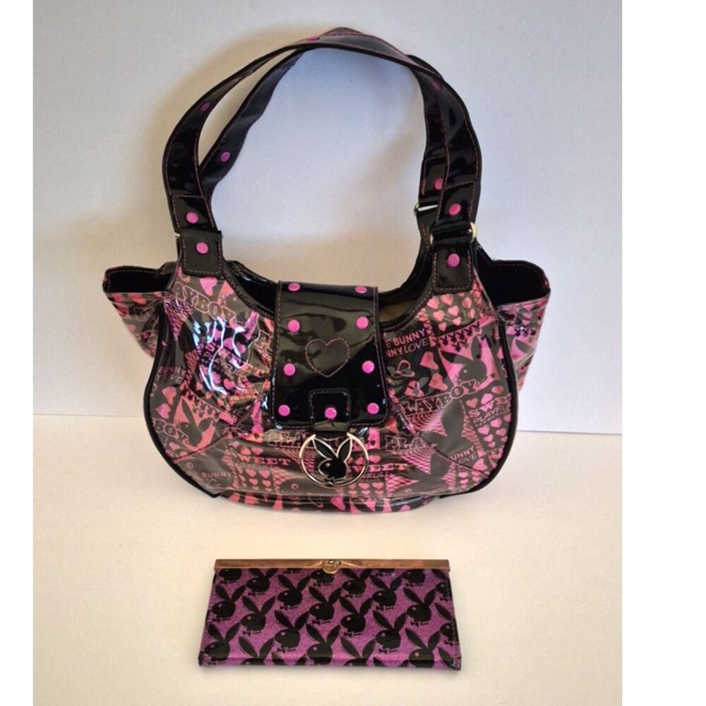 Y2K Playboy Bunny Pink Black Hearts Hobo Bag Glitter Bunny Wallet Bundle McBling